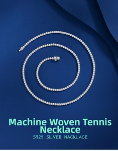 Macro shot of machine-woven S925 silver tennis necklace with shimmering zircons