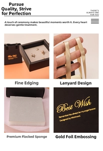 Detail view of premium black jewelry gift box with gold foil lettering and plush foam lining