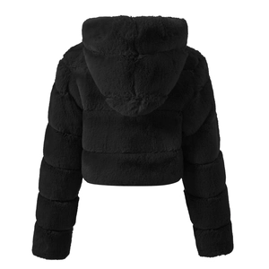 Back view of a black faux fur hooded jacket with horizontal textured panels and clean lines