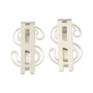 Set of two silver dollar sign money clips with brushed stainless steel finish on white background