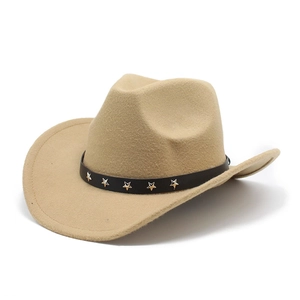 Khaki Western cowboy hat with star-studded leather band and curved felt brim