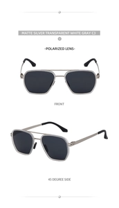 Detailed view of Matte Silver polarized sunglasses with gray lenses and metal frames