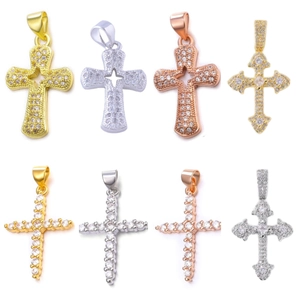 Cross pendants in gold, silver, and rose gold with colorful zircon and abalone shell inlays