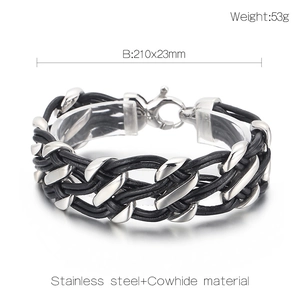 Detail view of double-layer woven cowhide leather and geometric stainless steel bracelet