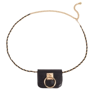 Minimalist black faux leather mini waist bag with gold-tone chain belt on white background