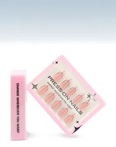 Detail of pink press-on nails box with 30 pieces of French style almond shape tips