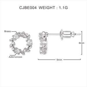 Close-up of 8mm wreath stud earrings with AAA+ zircon in silver-finished brass