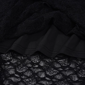 Close-up of intricate black lace fabric showing detailed patterns and smooth inner lining