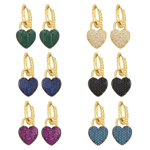 Heart Lock Pendant Hoop Earrings Copper 18K Gold Plated Full Cubic Zirconia Fashion Trendy Jewelry For Women