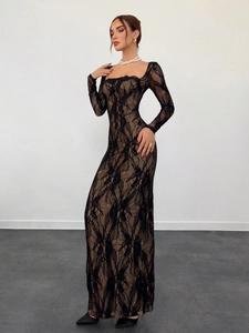 Elegant black lace long sleeve evening gown with square neckline and side slit