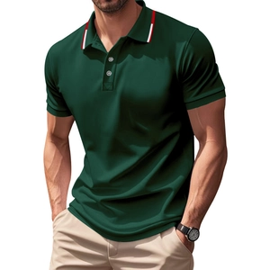 Detail of dark green polo shirt with red and white contrast trim on the collar and placket