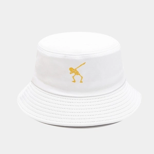 Detail of yellow dabbing skeleton embroidery on a white cotton bucket hat