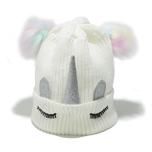 Bonnet tricoté licorne pour enfants avec pompons arc-en-ciel et corne scintillante