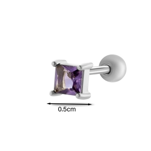Close-up of a 0.5cm square purple gemstone stud earring with a silver screw ball back