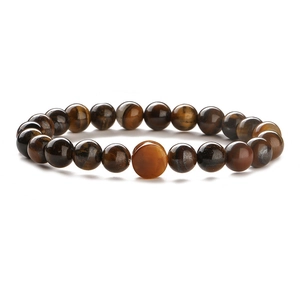 Bracciale elastico con perline occhio di tigre naturali e pietre rotonde marroni e oro