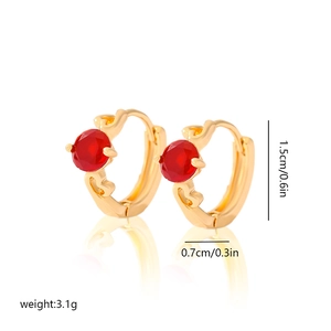 Detail view of gold-plated hollow heart earrings with red zircon and size dimensions