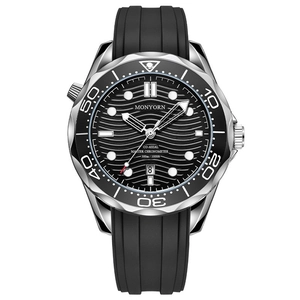 Men's diving style mechanical watch with silver steel case and black wave pattern dial