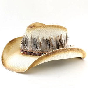 Classic straw cowboy hat with ethnic beads and feather trim on white background
