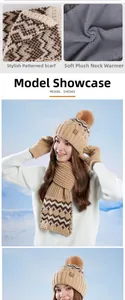 Detailed knit pattern of winter set with fuzzy fleece lining and warm pompom beanie
