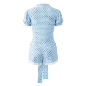 Light blue polka dot romper for women with white lace trim and puffy short sleeves