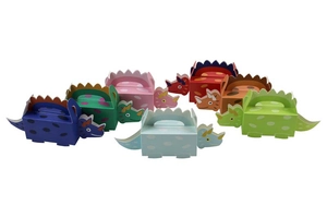 Detailed view of colorful dinosaur theme favor boxes in various vibrant paper patterns