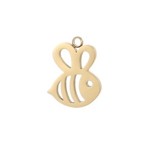 Detailed close-up of a shiny gold bee pendant accessory with a top hanging loop