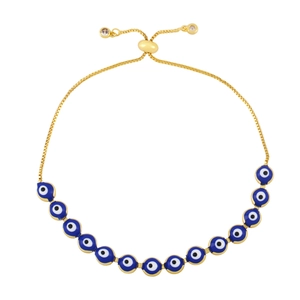 Detail of adjustable evil eye bracelet with blue beads and golden box chain