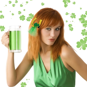 Detail of St. Patrick's Day hair clip with green shamrock, gold horseshoe and mesh
