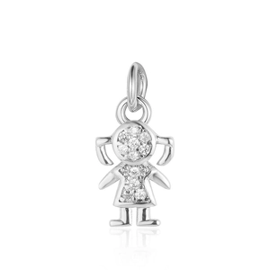Macro shot of silver-colored girl pendant with zircon stones and 925 silver stamp details