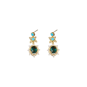 Vintage gold-tone earrings with emerald zircon pendants and turquoise floral accents