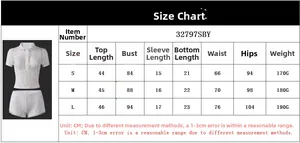 Detailed size chart for lace Polo crop top and shorts set showing measurements in centimeters