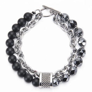 Double-layer stainless steel bracelet with matte black beads and OT toggle clasp
