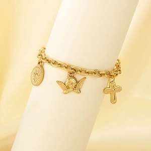 Detailed view of gold stainless steel chain bracelet with angel and cross charms