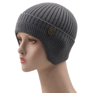 Winter fleece-lined knit earmuff cap for men with shield metal logo in dark grey