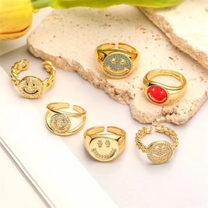 Smiling Face Open Ring Copper Gold Plated Adjustable Micro Pave Zirconia Enamel Round Punk Style Fashion Jewelry