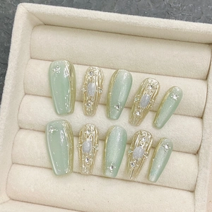 Handmade Green Cat Eye Press On Nails With Champagne Gold 3D Relief Rhinestone Embellished Coffin Fake Nails Tool Kit For Women