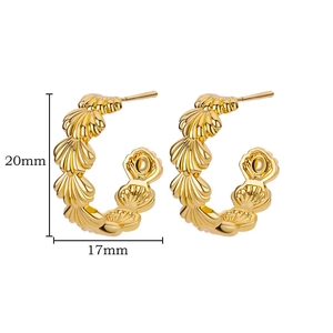 Golden C-shaped shell earrings with three-layer metal lines and polished gold finish