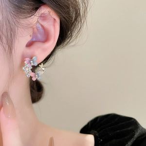 Sweet pink and blue gradient butterfly circle earrings with crystals for women