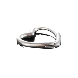 Polished silver heart-shaped hoop earring with minimalist twist design and mirror reflection