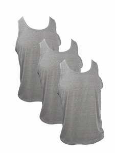 Detail view of three light grey cotton fitness tank tops stacked on a white background