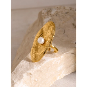 Exaggerated 18K gold plated stainless steel irregular ring with a large white pearl
