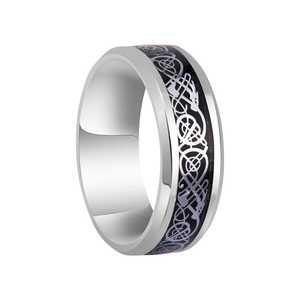 Titanium steel ring with silver Celtic dragon inlay on black background and polished finish
