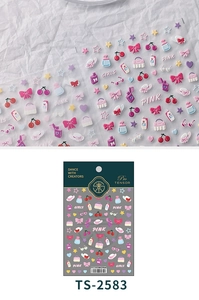 Macro detail of 3D embossed pink nail stickers with cherry and bow TS-2583 designs
