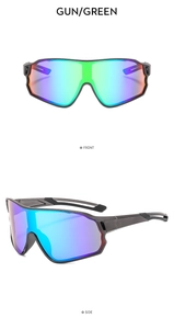 Vista frontale e laterale di occhiali sportivi gunmetal con lenti sfumate viola
