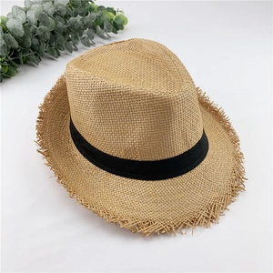 Detailed straw jazz hat view with frayed edges and a black decorative ribbon