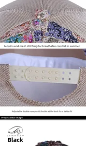 Detail of glitter sequins and breathable mesh fabric on adjustable summer baseball caps