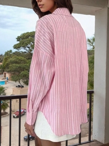 Vue arrière d'une chemise oversize à manches longues rayée rose et blanc à ourlet