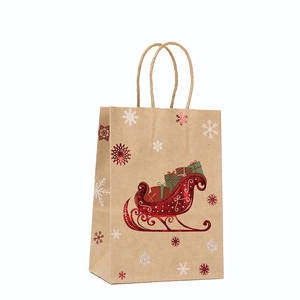 Christmas kraft paper gift bag with red glitter reindeer and white snowflake patterns
