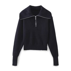 Zipper High Neck Knitted Sweater Women Ribbed Knit Pullover Solid Color Long Sleeve Casual Streetwear Top Navy Blue