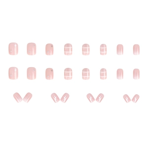 Star pattern and pink gradient plaid press-on nail set with 24 pieces for women